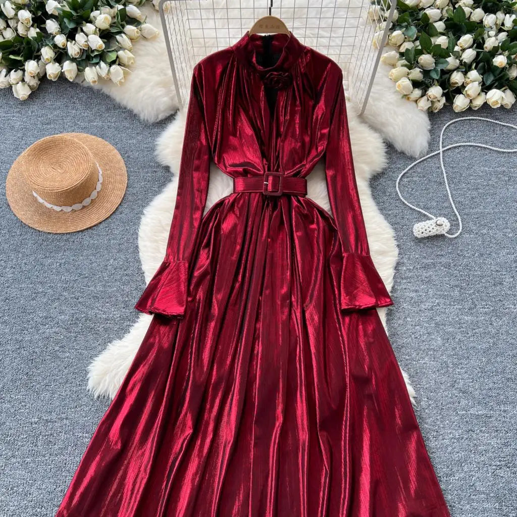Autumn Vintage Pleated Women Long Dress Elegant Stand Collar Solid A-Line Party Prom Vestidos Female Birthday Clothes Mujers