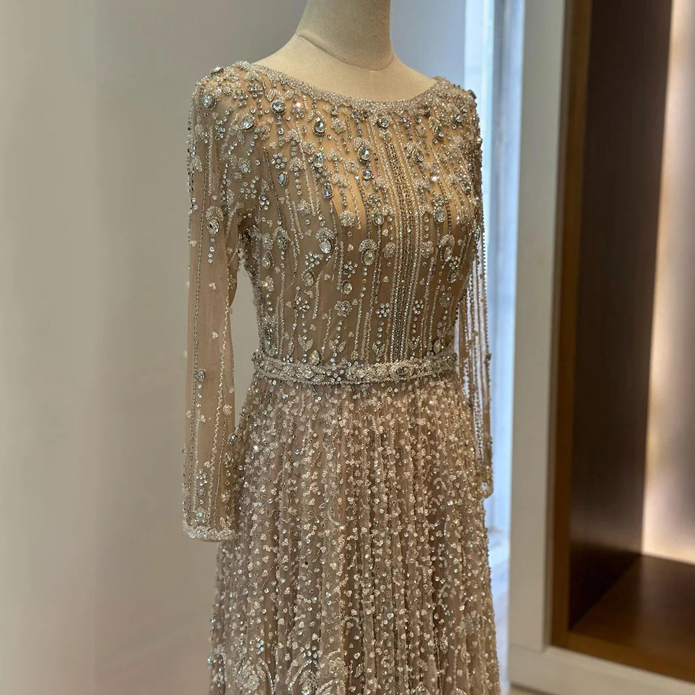 Serene Hill Dubai Arabic Designer Luxury Nude A Line Beaded Evening Dresses Gowns For Formal Occasion 2024 LA72088