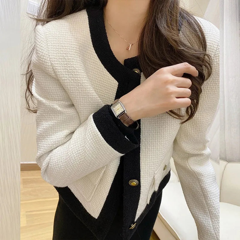 French Luxury Small Fragrance Wind Short Coat Women's Autumn New Beige Long sleeved Single breasted Thick Tweed Weave Jacket