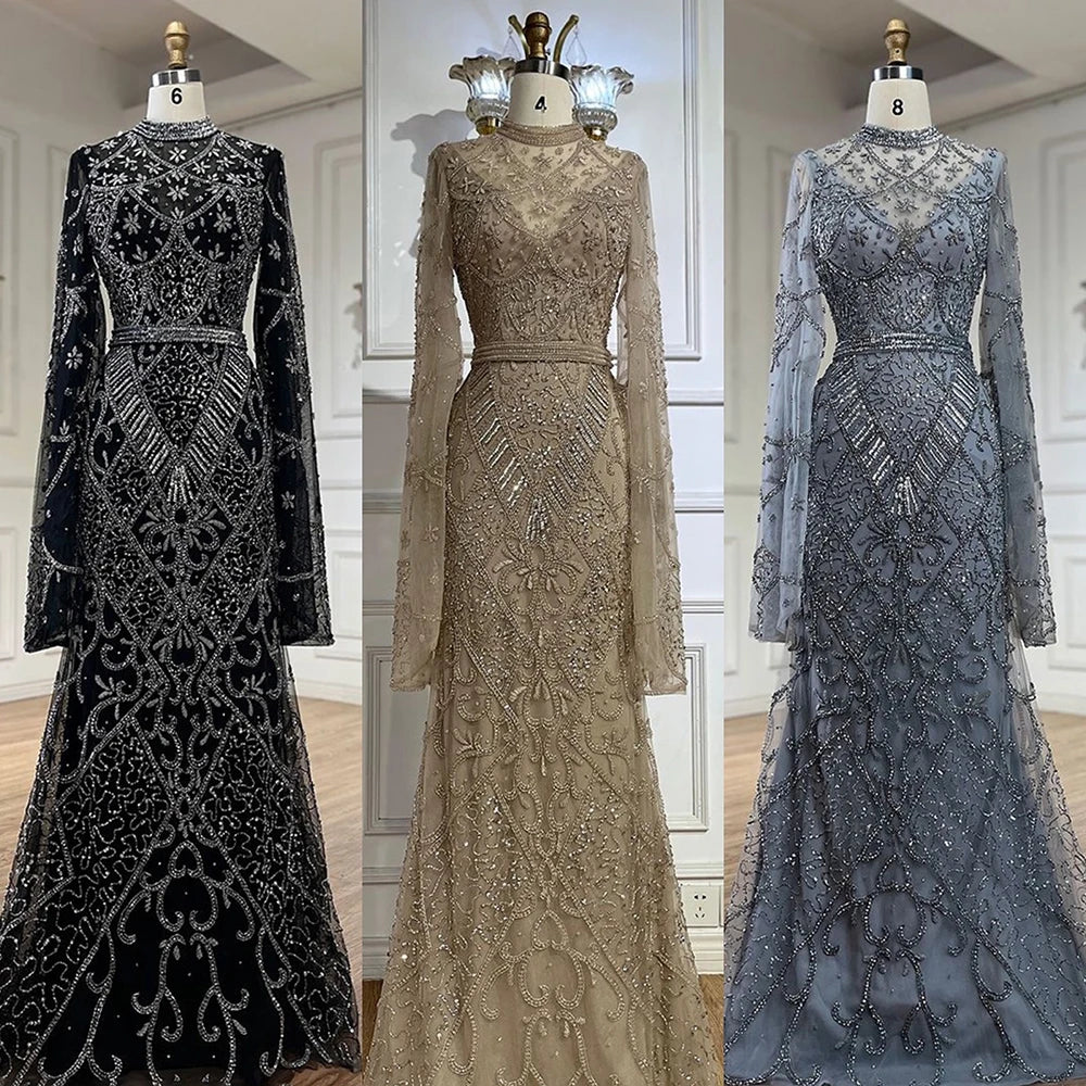 Serene Hill 2024 Muslim Nude Mermaid Elegant Bell Sleeve Beaded Luxury Dubai Long Evening Dress for Formal Occasion LA72316A