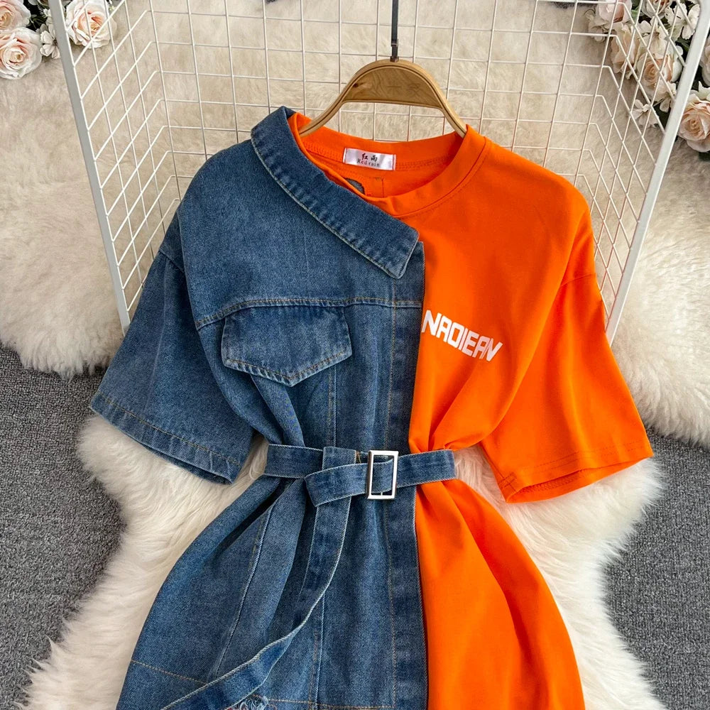 Women Summer Casual T Shirt Short Sleeve Streetwear Patchwork Denim Long Shirts Female O-neck Slim Jeans Tops