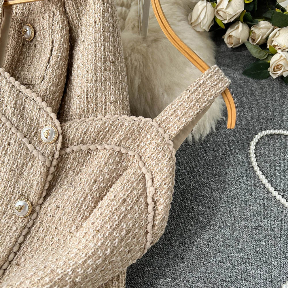 Elegant Small Fragrance Two-Piece for Women's Strap Mesh Midi Dress+Short Thick Tweed Jacket for Women's Spring and Autumn Set