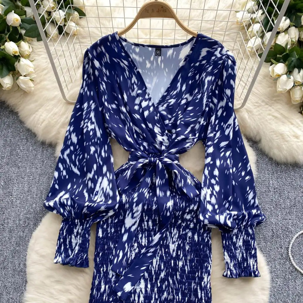 Women Casual Vintage Print Ruffle Long Dress Autumn Elegant V Neck Lantern Sleeve Party Mermaid Dresses Holiday Female Mujer New