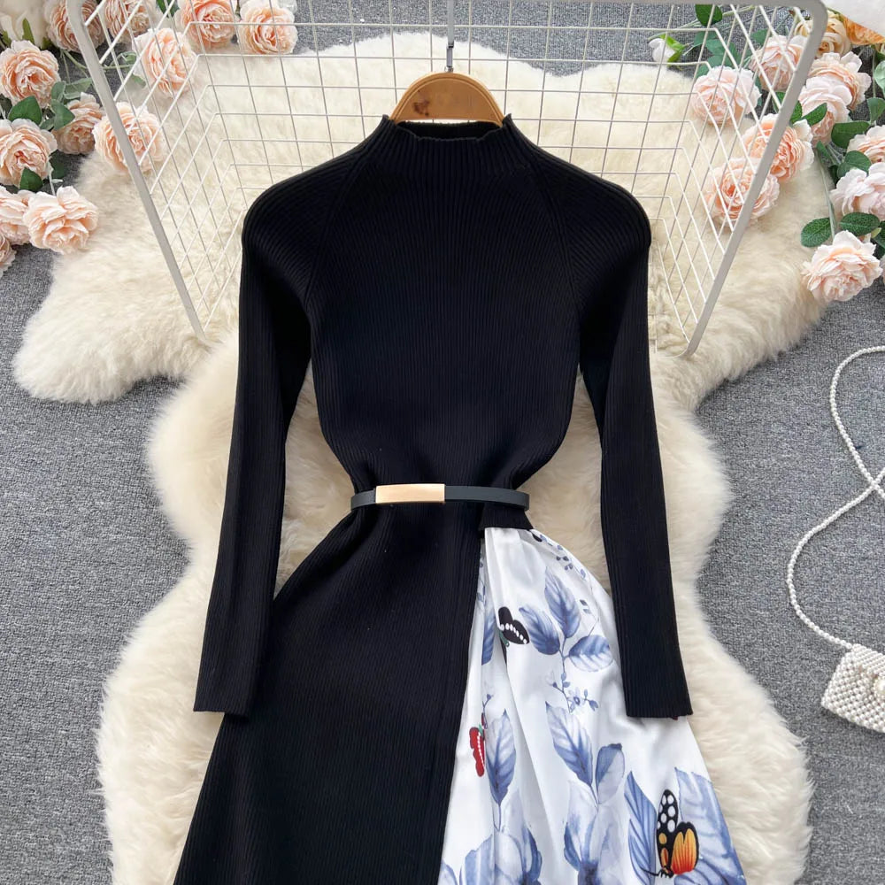 Elegant Chic Print Patchwork Knit Dress French Long Sleeve Party A-line Vestidos High Waist Basic Slim Women Autumn Winter Dress