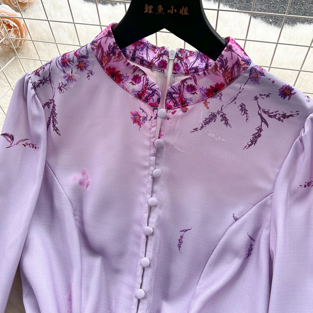 Spring Dresses 2024 Women Clothing Long Sleeve Party Elegant Dress With Belt Stand Collar Vintage Floral Print Holiday Dress