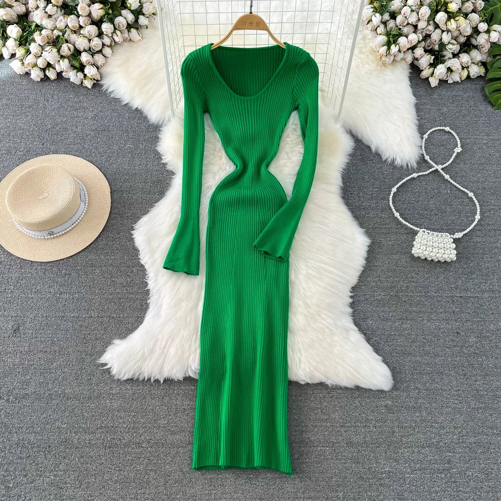 Women Chic Elegant Long Sleeve Bodycon Vneck Dress Sexy French Fashion Knit Wrap Vestidos Elastic Slim Pencil Sweater Dress