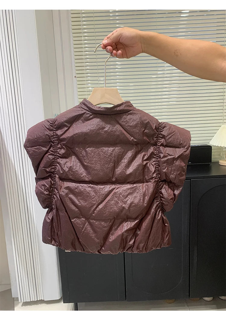 Women's Trendy Down Jacket Vest Winter Chic Sleeveless Zip Coat Round Neck Cropped Warm Waistcoat Female Spring 2024 New