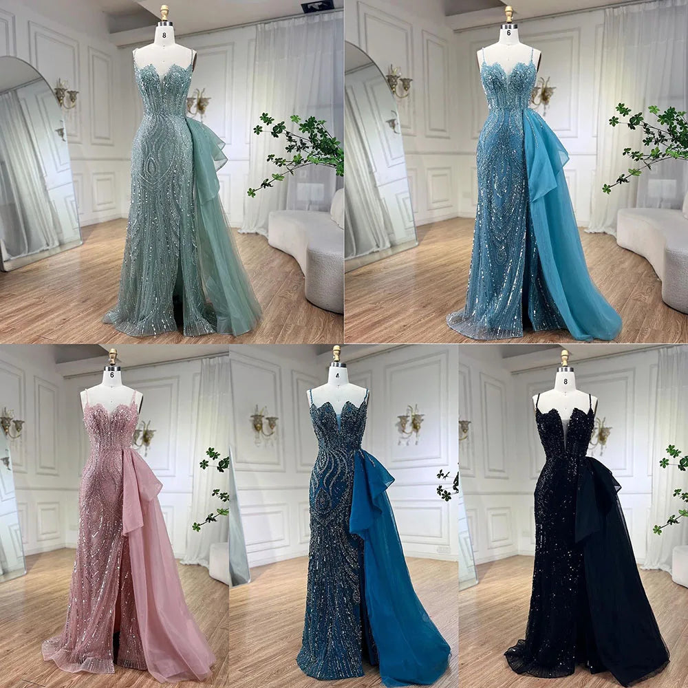 SERENE HILL 2024 Turquoise Spaghetti Strap Luxury Beaded Evening Dresses Mermaid Elegant Overskirt Gown For Women Party GLA72378