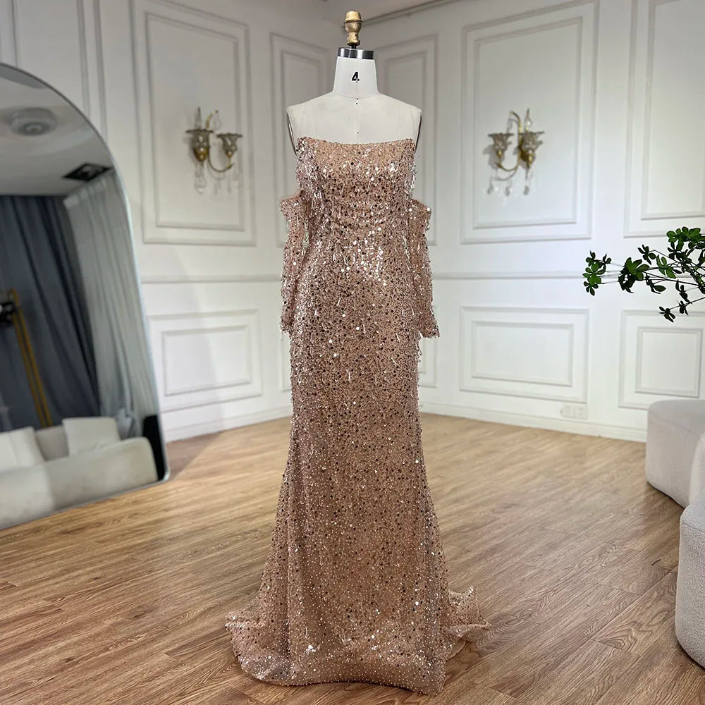 Serene Hill Arabia Orange Mermaid Strapless Luxury Beaded Crystal Evening Dresses Gowns for Women Wedding Party 2024 LA72402