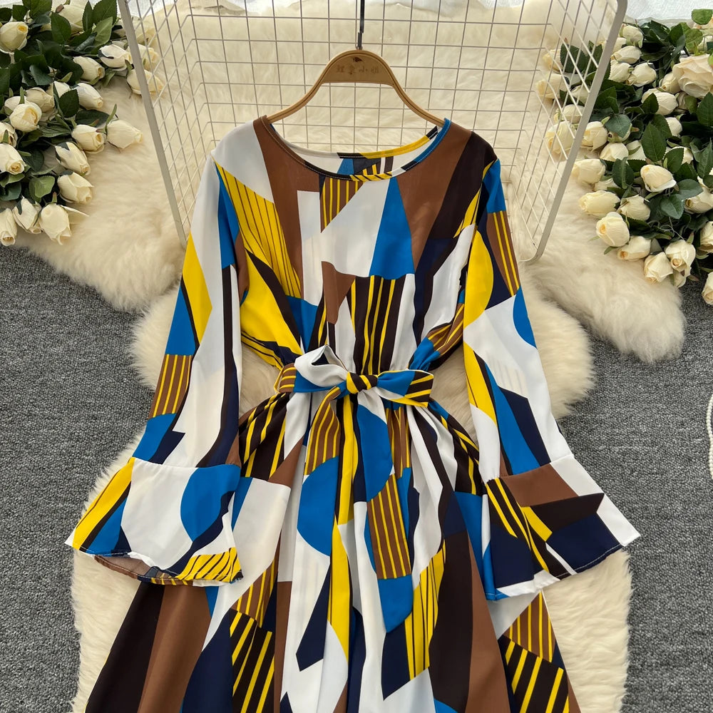 Women Vintage Print Dress for Women Autumn Flare Long Sleeves Lace Up Ruffles Slim Waist Evening Party Dresses A-Line Vestidos