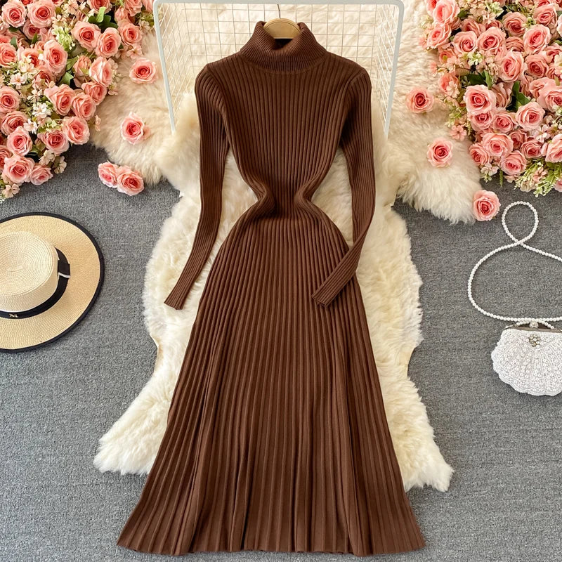 Women Chic Turtleneck Long Sleeve Sexy A-line Sweater Dress Vintage Korean Fashion Knit Vestido Elegant Autumn Winter Knitwear