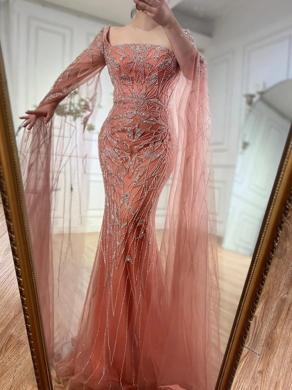 Serene Hill Arabic Pink Cape Sleeves Mermaid Dubai Evening Dresses Beaded Luxury Wedding Party Gowns For Women 2024 LA72261