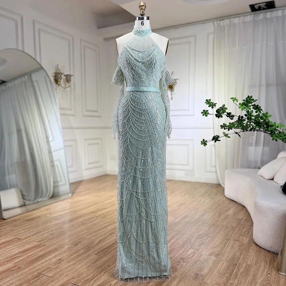 SERENE HILL Dubai Arabic Nude Mermaid With Gloves Luxury Beaded Evening Dresses Gowns 2024 For Women Wedding Party GLA72032A