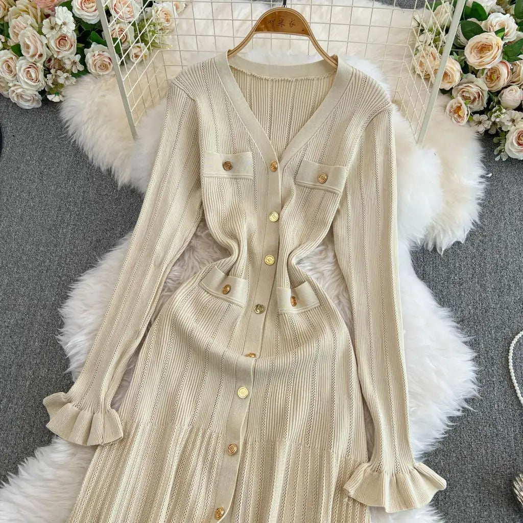 Women Vintage Mermaid Knitted Dress Elegant Casual Single Breasted Bodycon Slim Evening Dresses Female One Piece Clothes Mujers