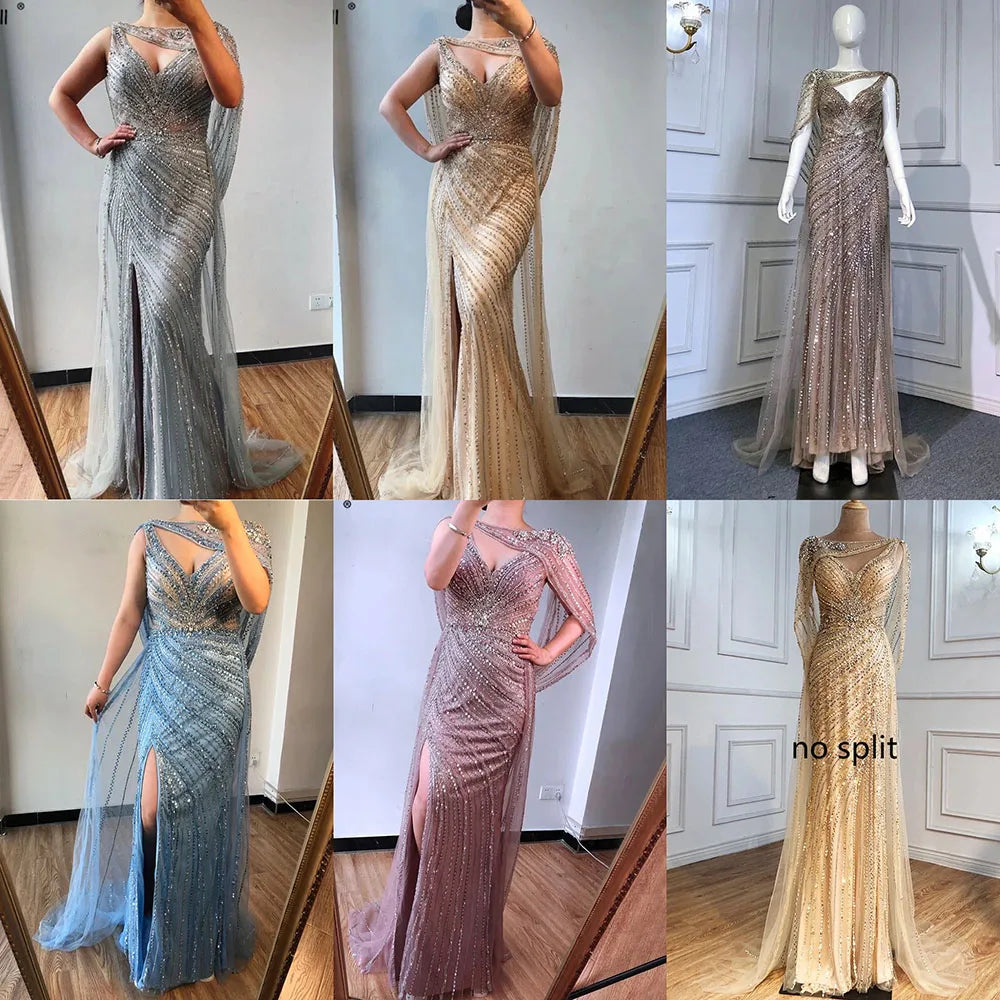 Luxury Champagne Split Evening Dresses 2024 Diamond Beaded Sleeveless Mermaid Formal Serene Hill LA70301