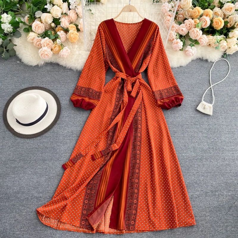 Vintage Print Elegant Puff Sleeve One Piece Dress A-line Lace-up Beach Vacation Midi Dress Women Fashion Spring Autumn Vestidos