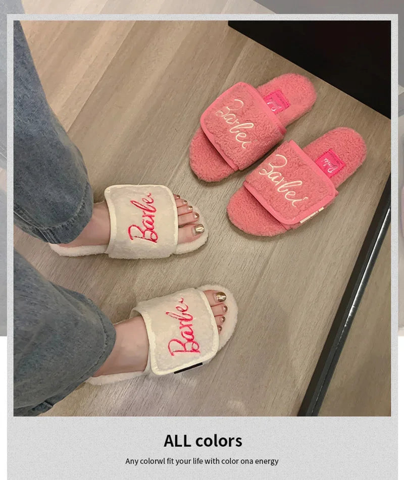 2024 Barbie Plush Kawaii Slippers Women's Y2k Autumn Winter Warm Home Indoor Thick Bottom Flat Bottom Open Toe Slippers Cute Sho