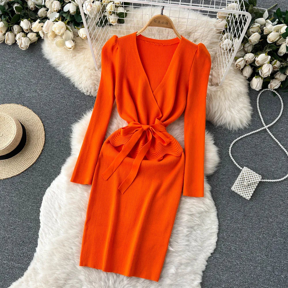 Women Long Sleeve V Neck Sexy Knit Bodycon Dress Chic Vintage Lace Up French Fashion Vestidos Party Elegant Fashion Dresses Y2k
