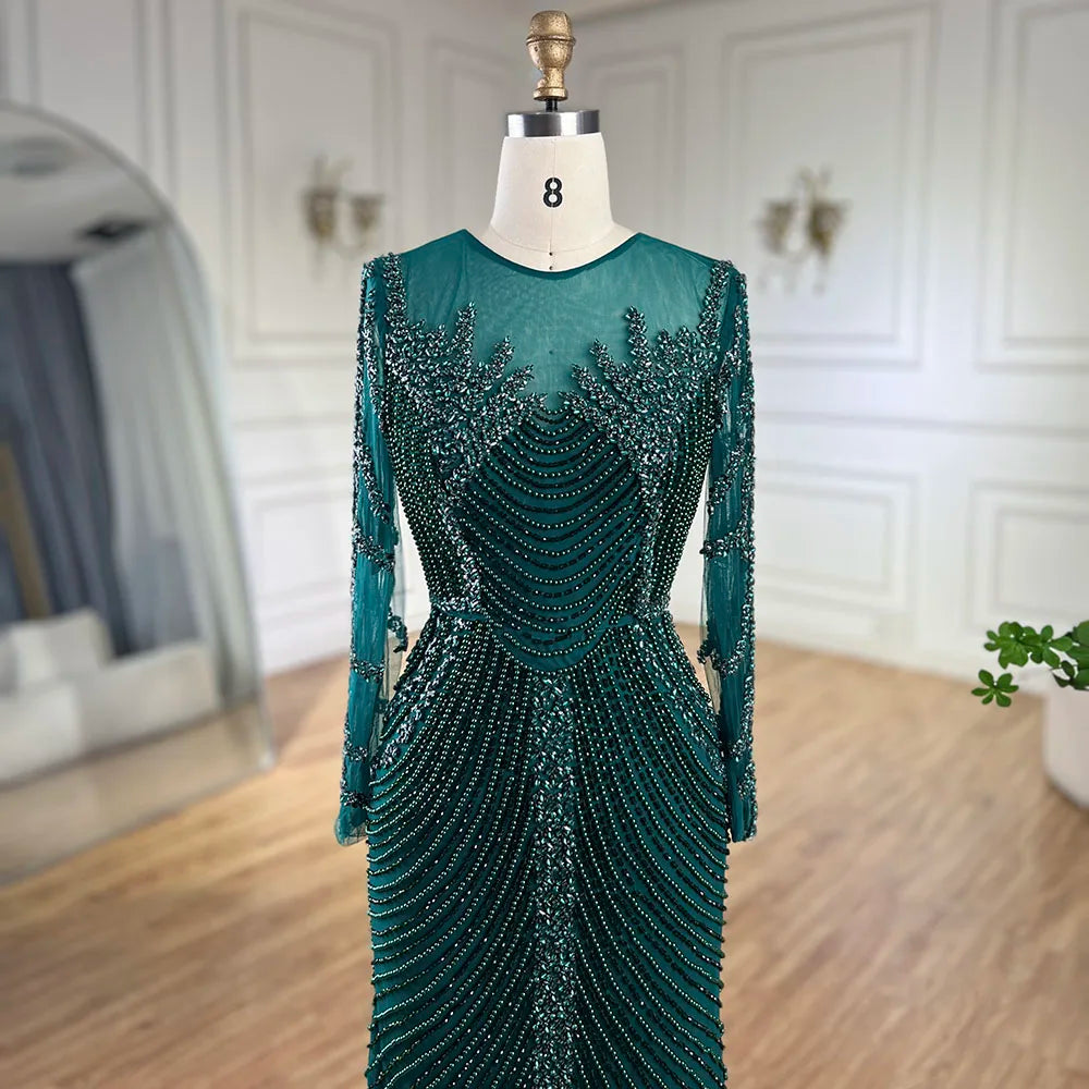 Serene Hill Luxury Crystal Pearls Dubai Sliver Nude Evening Dresses for Women Wedding Formal Prom Party Gown BLA72478
