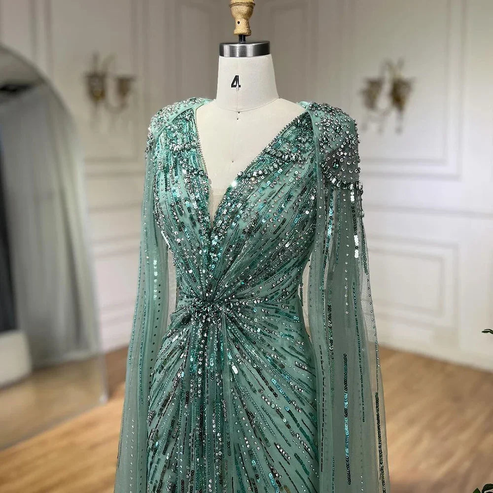 Serene Hill Turquoise Mermaid Evening Dresses Gowns 2024 with Beaded Cape Sleeves Design for Women's Wedding Party BLA72168A