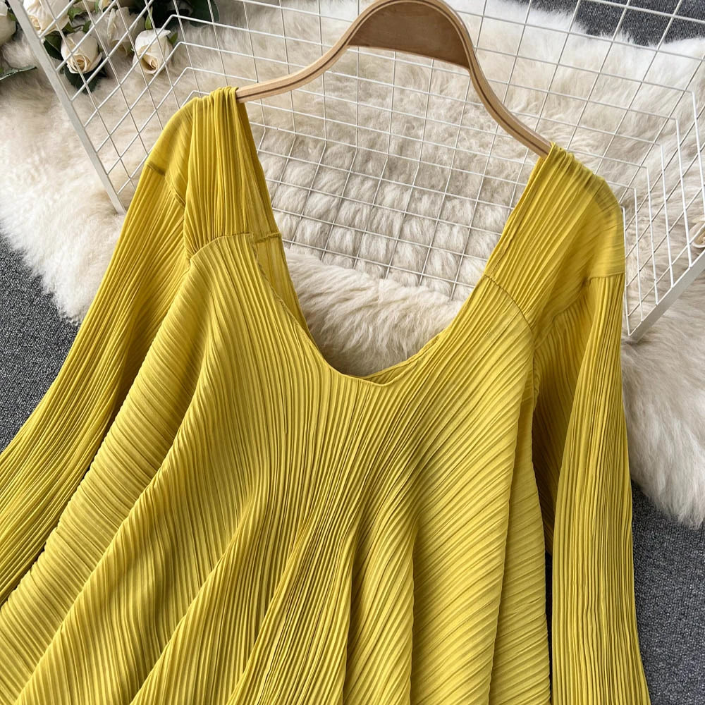 Clothland Stylish Yellow Blouse Set Two Piece Set Irregular Shirt Long Pants Pleated Women Chic Spring Suits TZ234