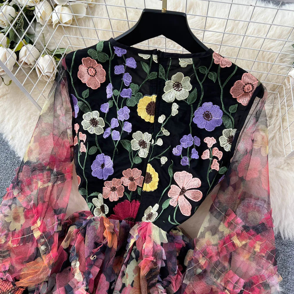 Retro Print Embroidery Elegant Mesh Dress A-line O-neck Long Sleeve Casual High Waist Dress Women Summer
