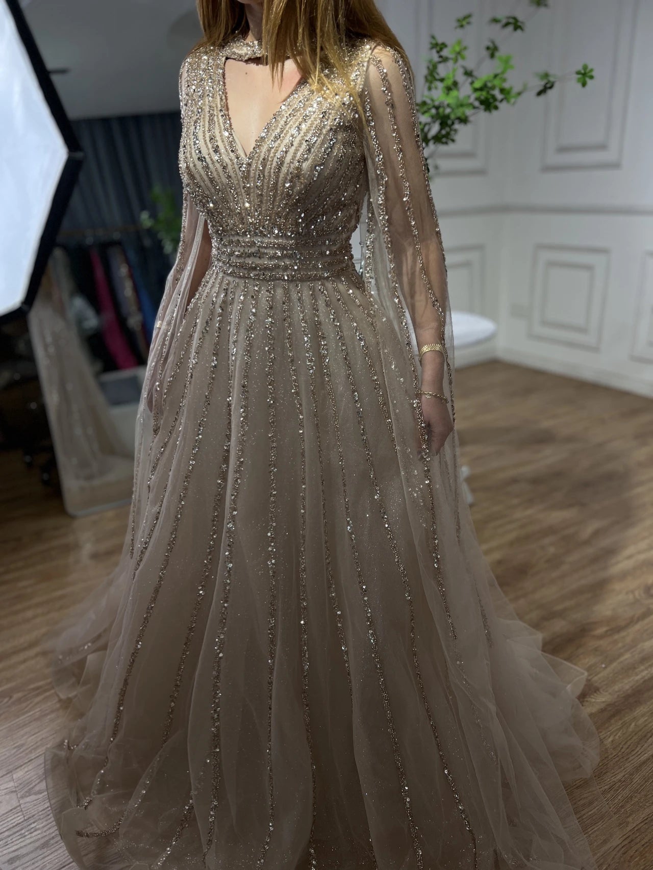 SERENE HILL 2024 Arabic Caramel A-Line Cape Sleeves Beaded Evening Dresses Luxury Gowns For Women Wedding Party GLA72171