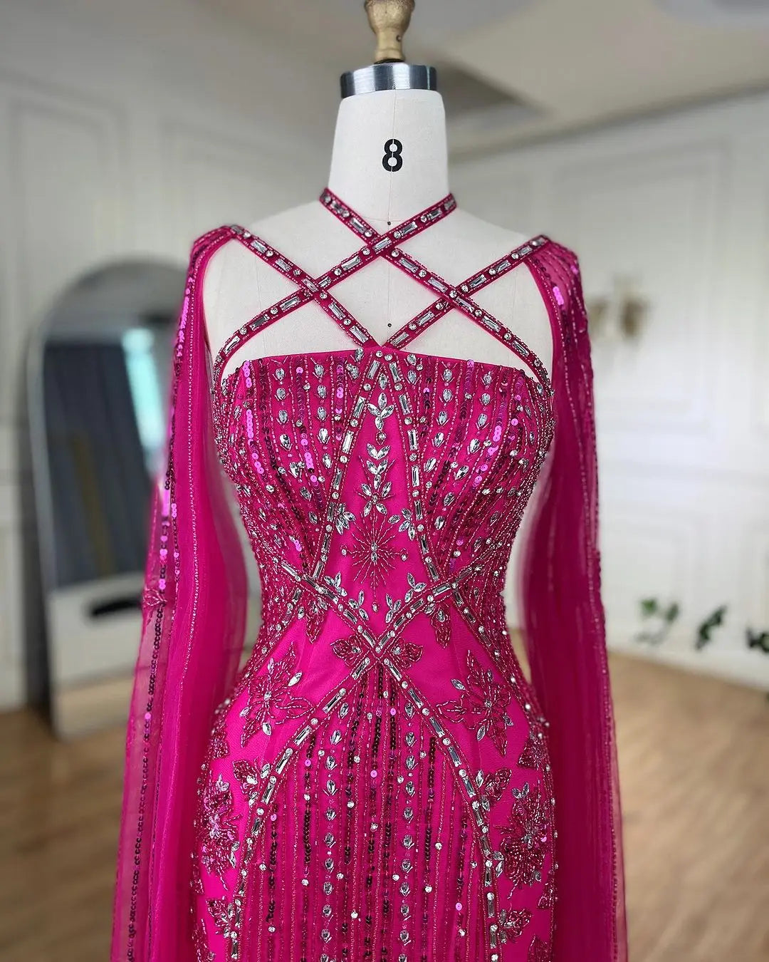 SERENE HILL Arabic Caramel Mermaid Elegant Cape Sleeves Beaded Luxury Evening Dresses 2024 Formal Gown For Women Party GLA71905A