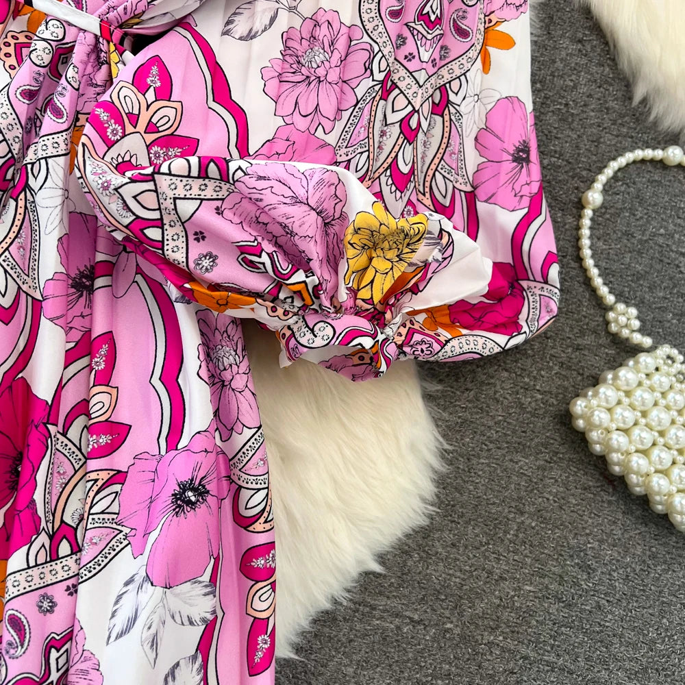 Elegant Women Casual Floral Print Party Dress Vintage Lantern Sleeve A-Line Pleated Prom Birthday Clothes Female Fashion Robe