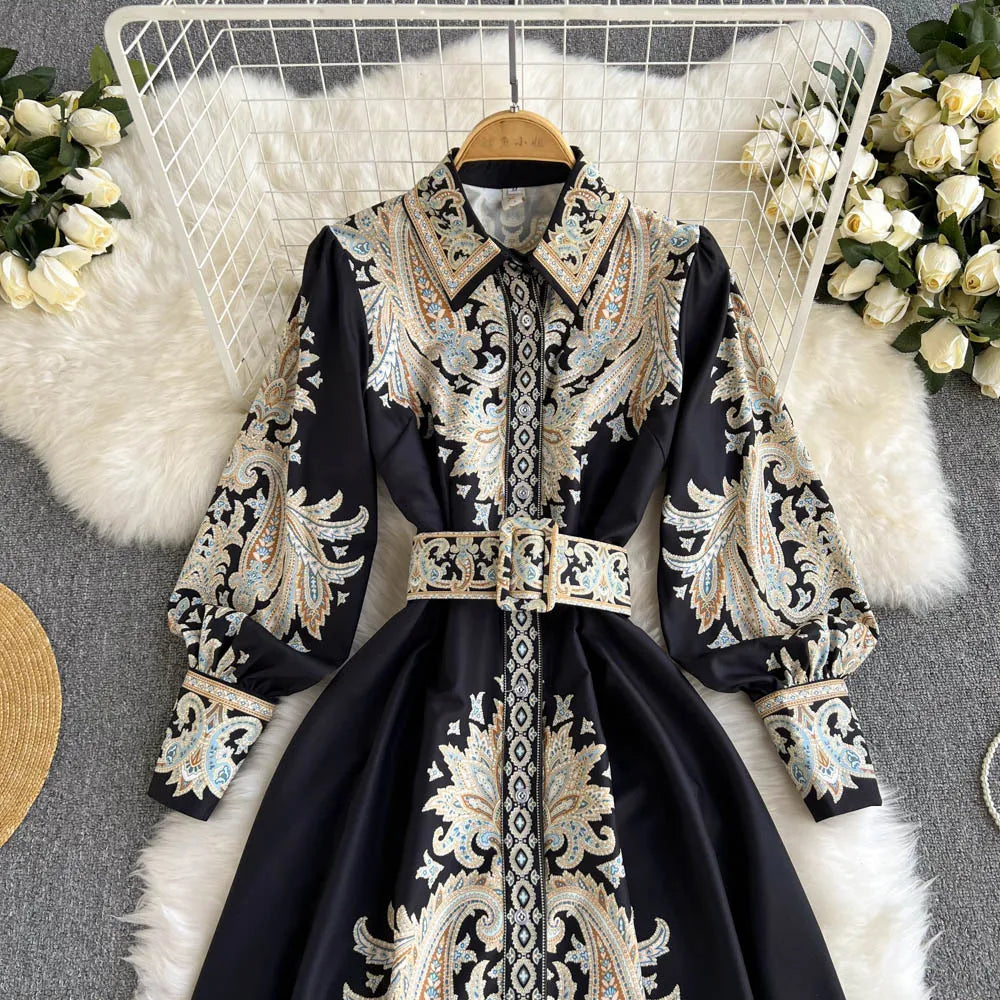 Retro Printed Party Dress Women Polo Collar Long Sleeve Elegant Long Dresses Spring Autumn French Single Breasted Shirt Dress