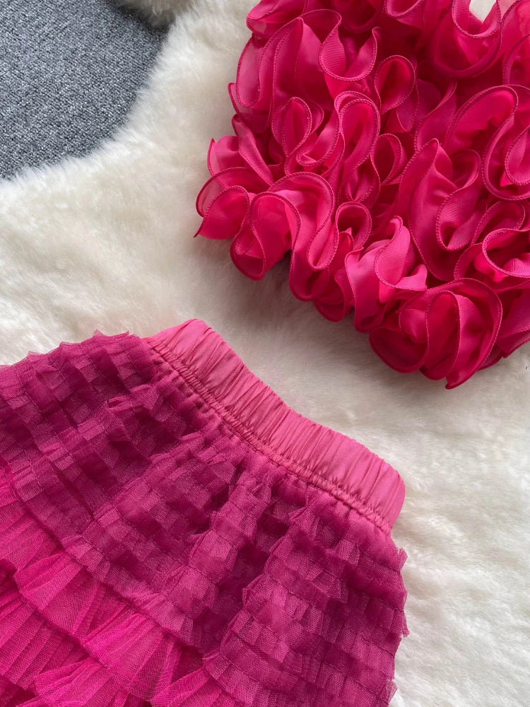 New Women Two Piece Set Summer Three-dimensional Flower Mesh Vest Tank Tops+mesh Long Skirts Fashion Korean Outfits