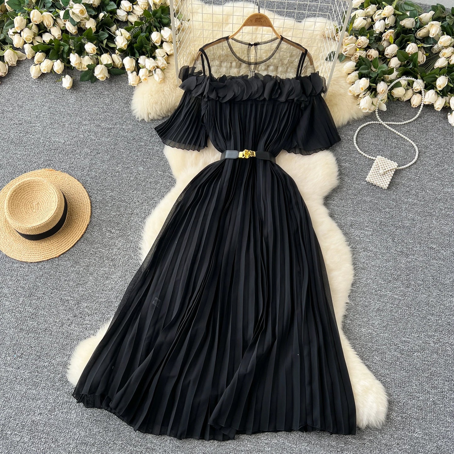 French mesh PATCHWORK Three-dimensional flower Sweet Dress Women Summer Waist Cinching pleated chiffon Dresses
