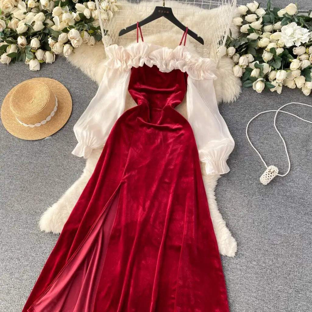 Sexy Bodycon Off Shoulder Party Dress Women Ruffles Velvet Patchwork Elegant Lady Fashion Prom Robe A-Line Vestidos Mujers New