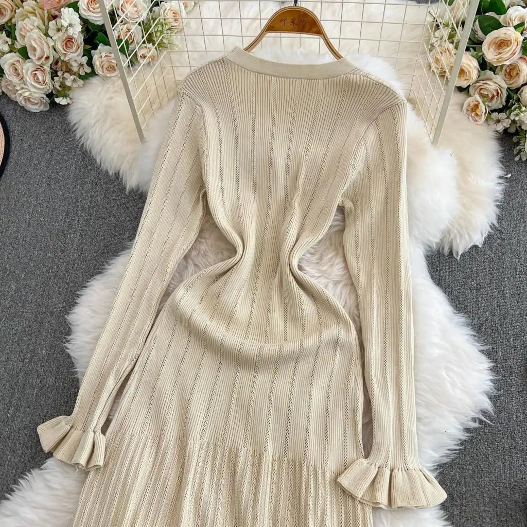 Women Vintage Mermaid Knitted Dress Elegant Casual Single Breasted Bodycon Slim Evening Dresses Female One Piece Clothes Mujers