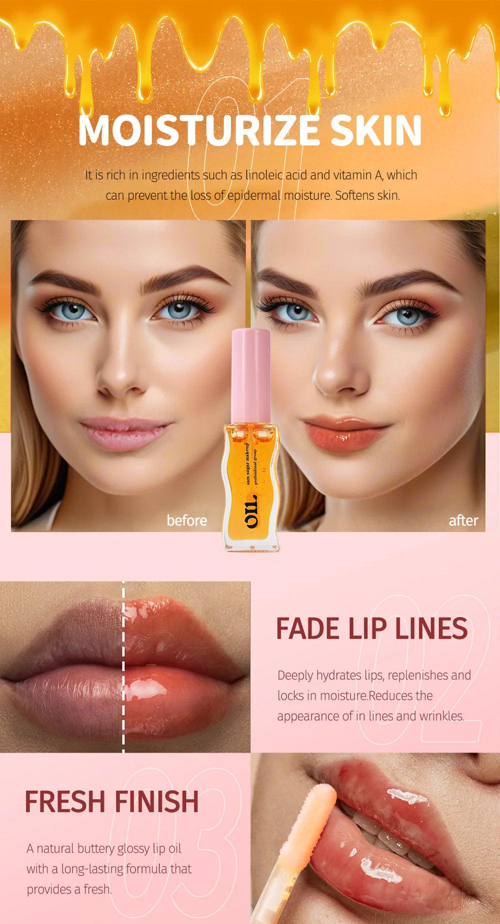 Giso Honey Infused Hydrating Lip Oil High-shine and Non-sticky finish Glowing Lips Fruit Honey Essence Lip Gloss 8ml