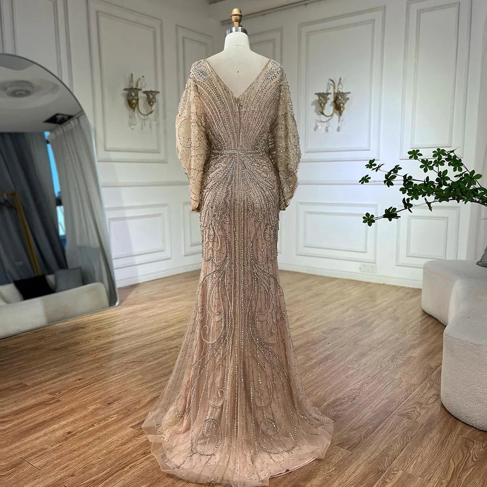 SERENE HILL 2024 Arabic Gold Elegant Mermaid Black Luxury Beaded Evening Dresses Gowns Diamond For Women Wedding Party GLA72288A