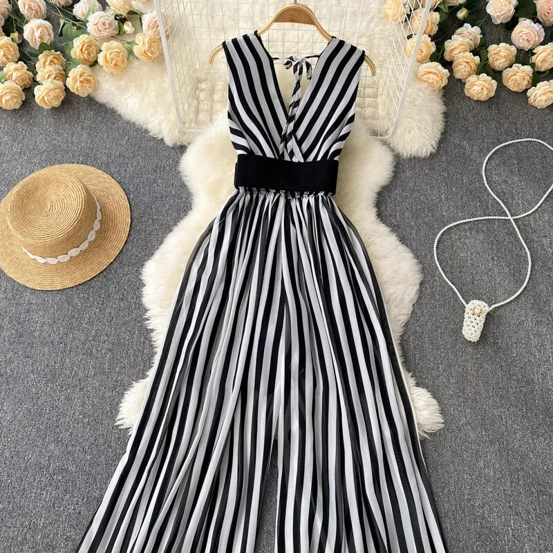 Women Chiffon Striped Jumpsuits Summer Sexy V-neck Sleeveless Elegant Wide-leg Long Pants Playsuits Ladies Dot Romper Overall