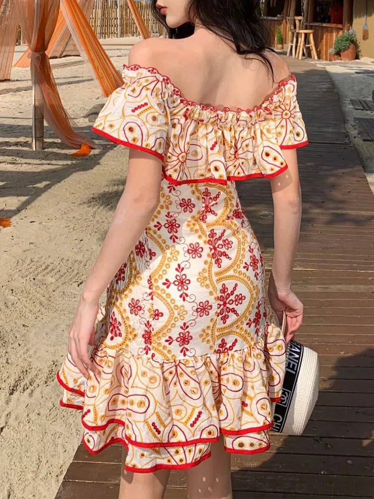 Vacation Beach Dress Women Summer Ruffle Hem Vintage Cutwork Embroidery Dress Front Lace Up Sexy Off Shoulder Mini Party Dress