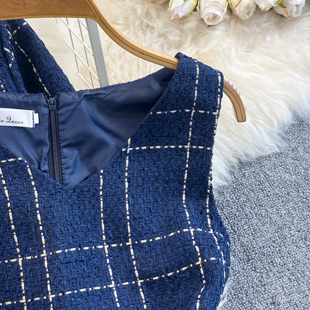 Women Checkered tweed Blazer 2-Piece Set Elegant Small Fragrance Wind Outfit Cropped Jacket+Mini Dresses Suit for Spring Autumn