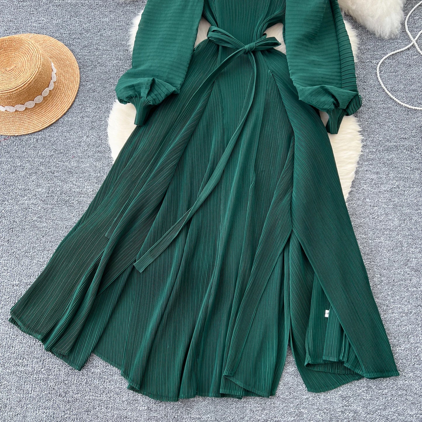 Vintage Elegant Lantern Sleeve Sweet Pleated Dress Women Basics Fashion Summer Spring Dresse