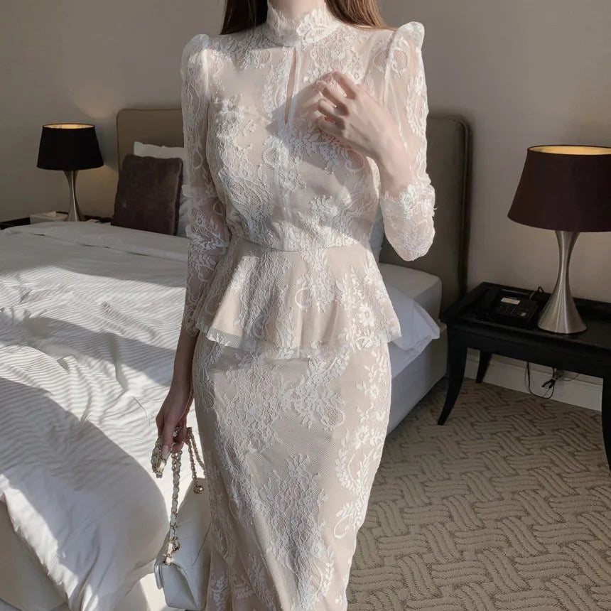 Elegant and Slim fitting Semi Transparent Lace Set Women's Spring Temperament Long Sleeved Top+Long Fishtail Skirt Two-piece