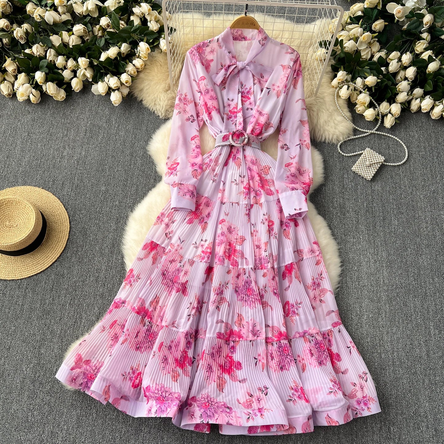 French Vintage Ruffle Lace-up Bow Puff Sleeves Long Sleeves Dress korean fashion Casual Women Fashion summer dresses