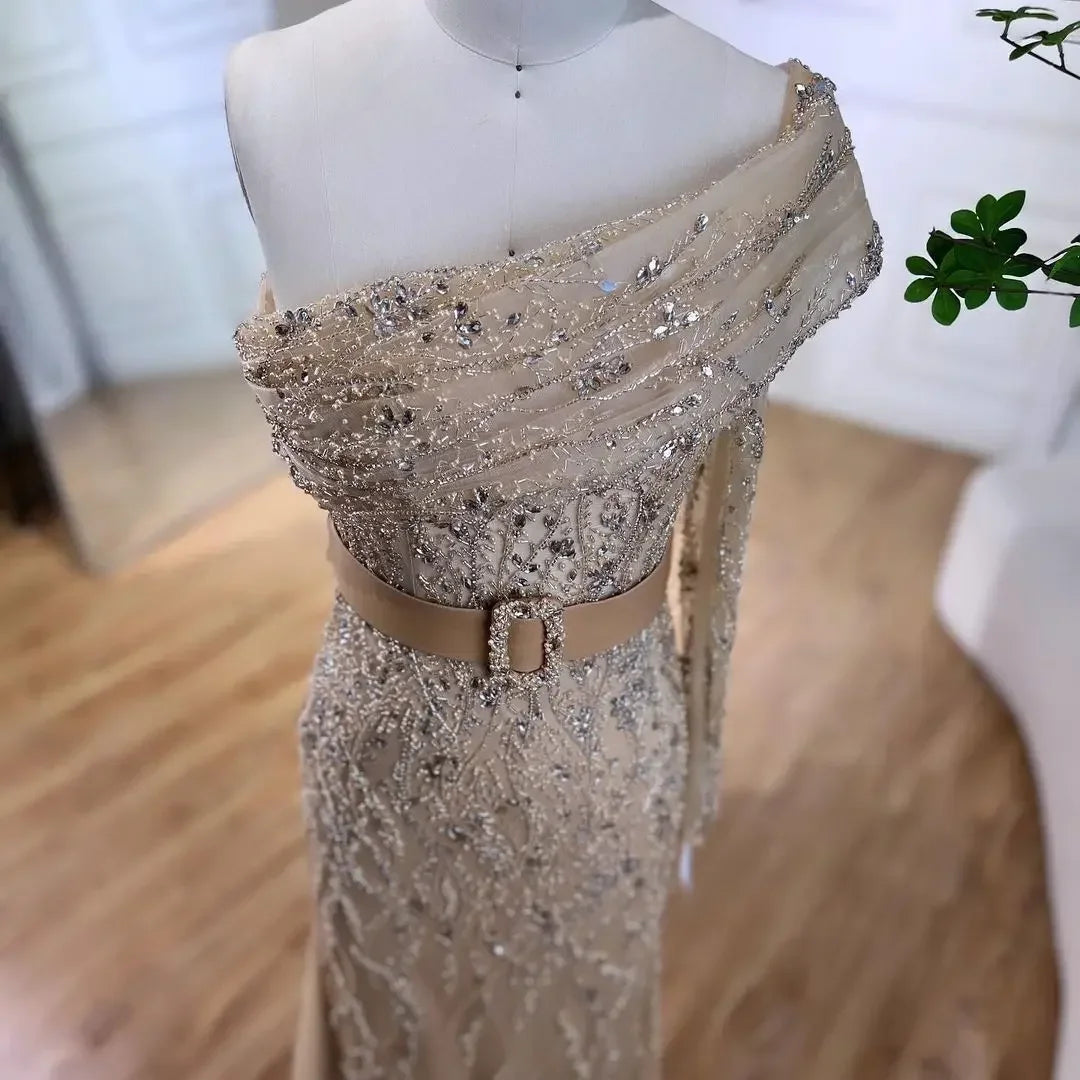SERENE HILL 2024 Arabic Nude Mermaid One Shoulder Luxury Beaded Evening Party Dresses Formal Gowns For Women Wedding GLA72161