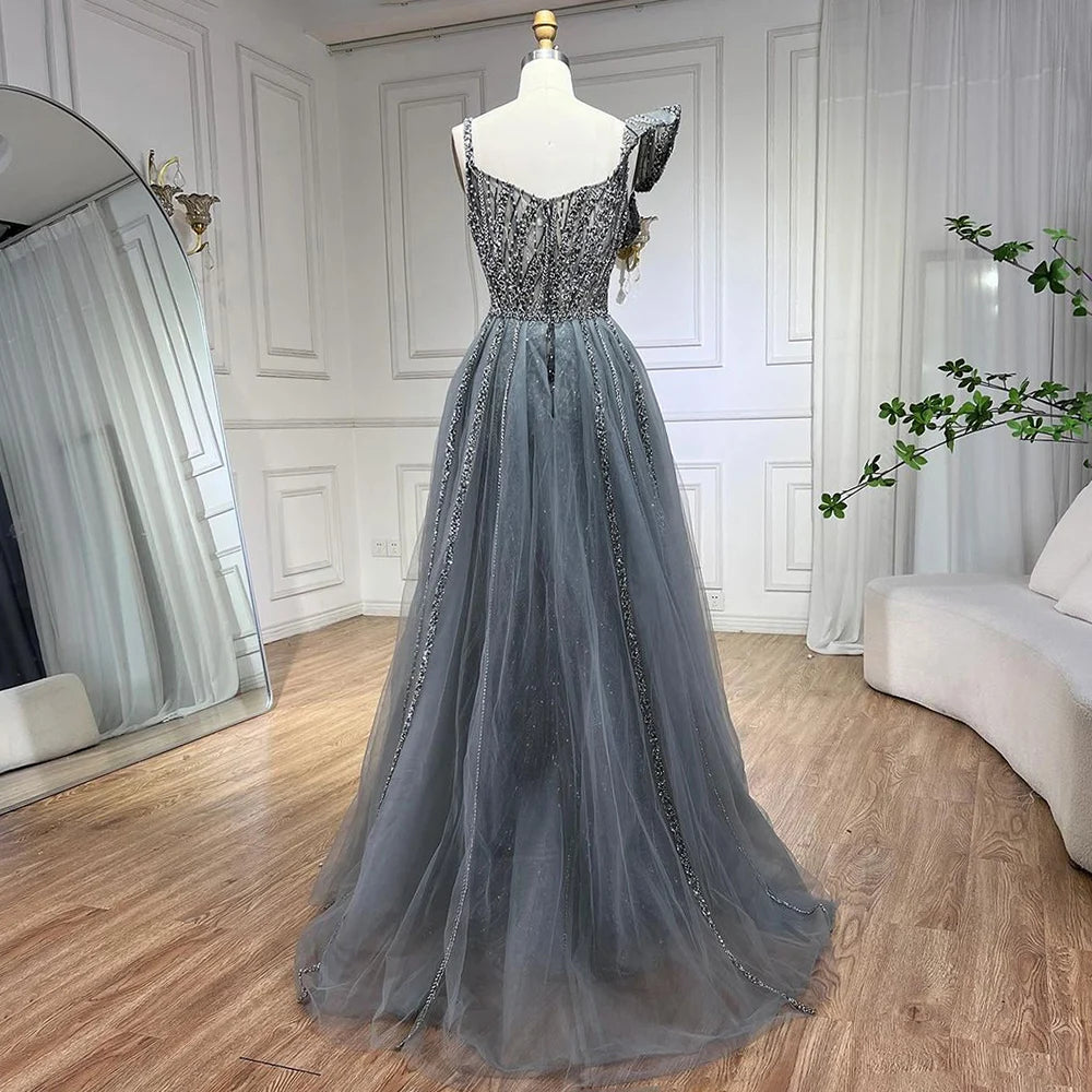 Serene Hill Golden Mermaid Evening Dress With Skirt - Women's Luxury Grey Beaded Spaghetti Strap Party 2024, LA72341