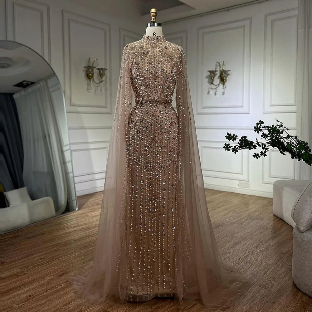 SERENE HILL 2024 Arabic Nude Mermaid Cape Long Sleeves Luxury Beaded Evening Dresses Formal Gowns Women Wedding Party GLA72372