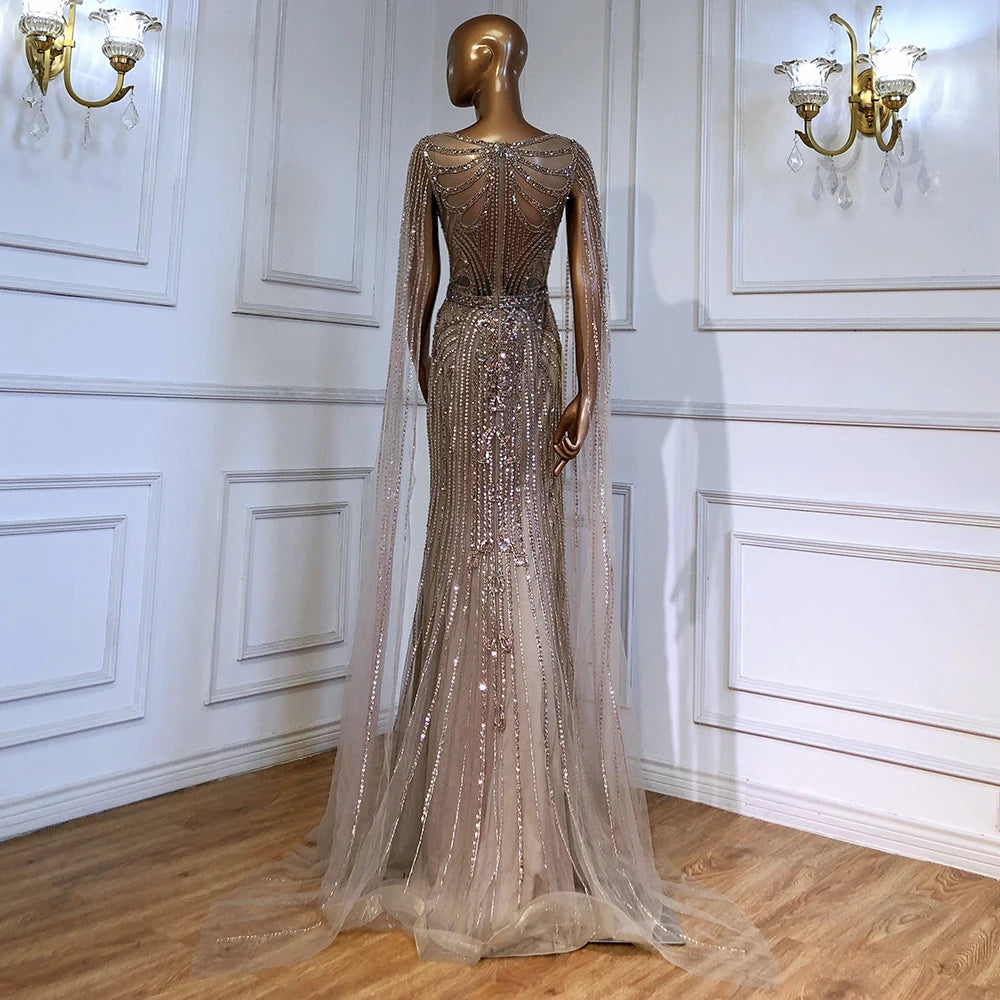 Serene Hill Brown Mermaid Elegant 2024 With Cape Sleeves Beaded Luxury Evening Dresses Gowns For Women Party LA70638