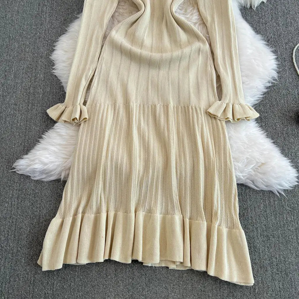 Women Vintage Mermaid Knitted Dress Elegant Casual Single Breasted Bodycon Slim Evening Dresses Female One Piece Clothes Mujers