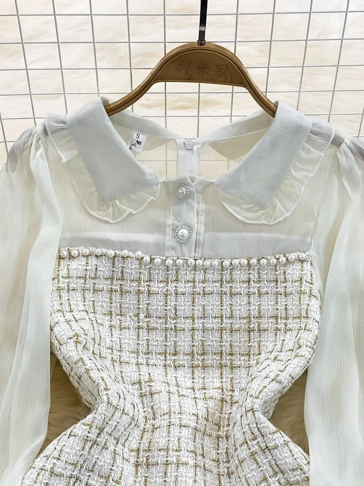 Autumn Fashion New Women Tweed Plaid Mini Dress Elegant Chiffon Patchwork Long Sleeve Dresses Female Casual One Piece Clothes