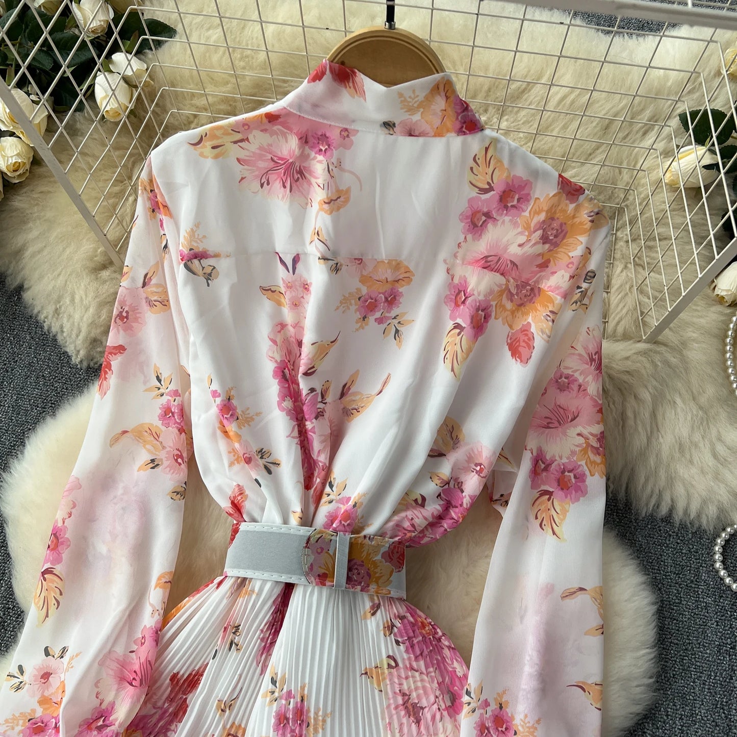 French Vintage Ruffle Lace-up Bow Puff Sleeves Long Sleeves Dress korean fashion Casual Women Fashion summer dresses