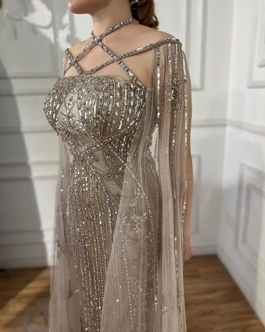 SERENE HILL Arabic Caramel Mermaid Elegant Cape Sleeves Beaded Luxury Evening Dresses 2024 Formal Gown For Women Party GLA71905A